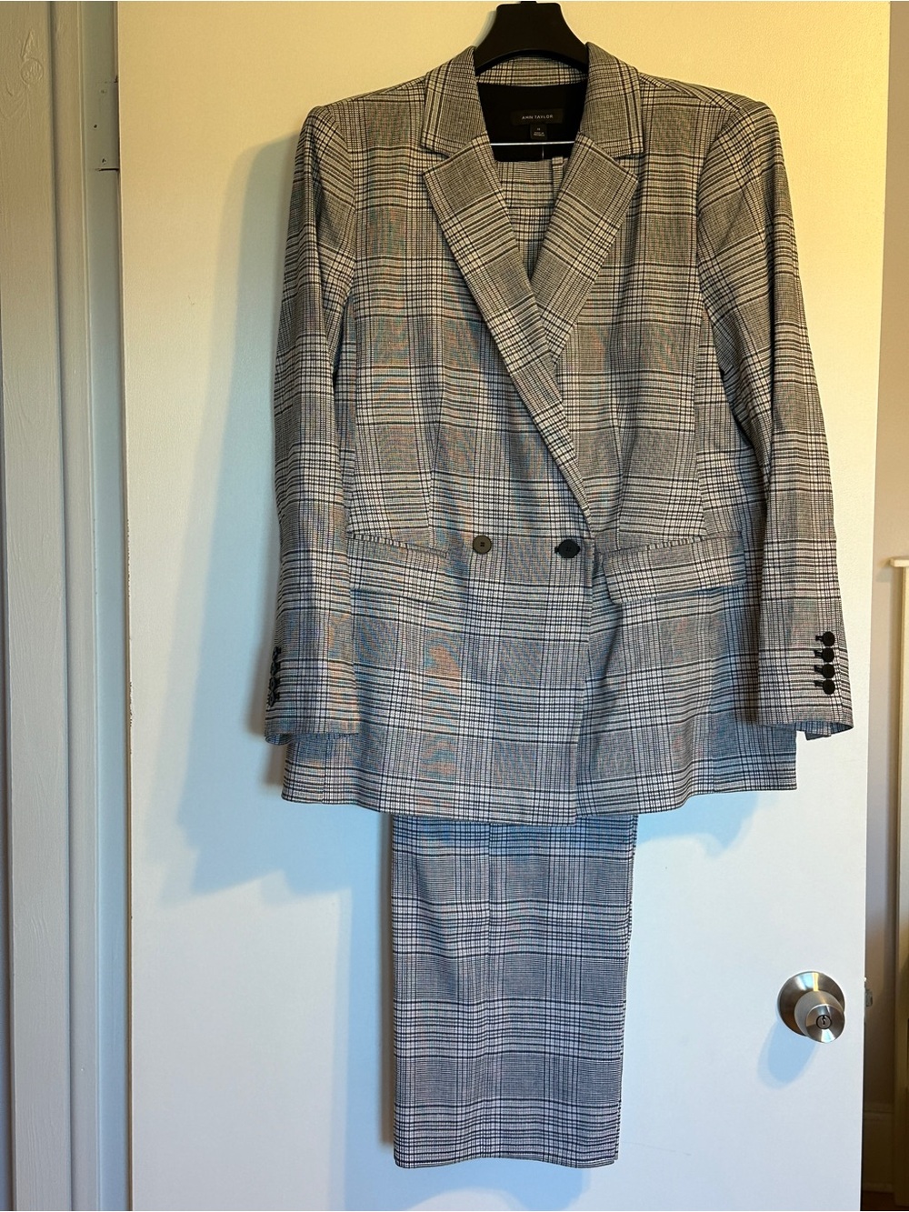 Ann Taylor Gray Glen Plaid Double-Breasted Suit Jacket